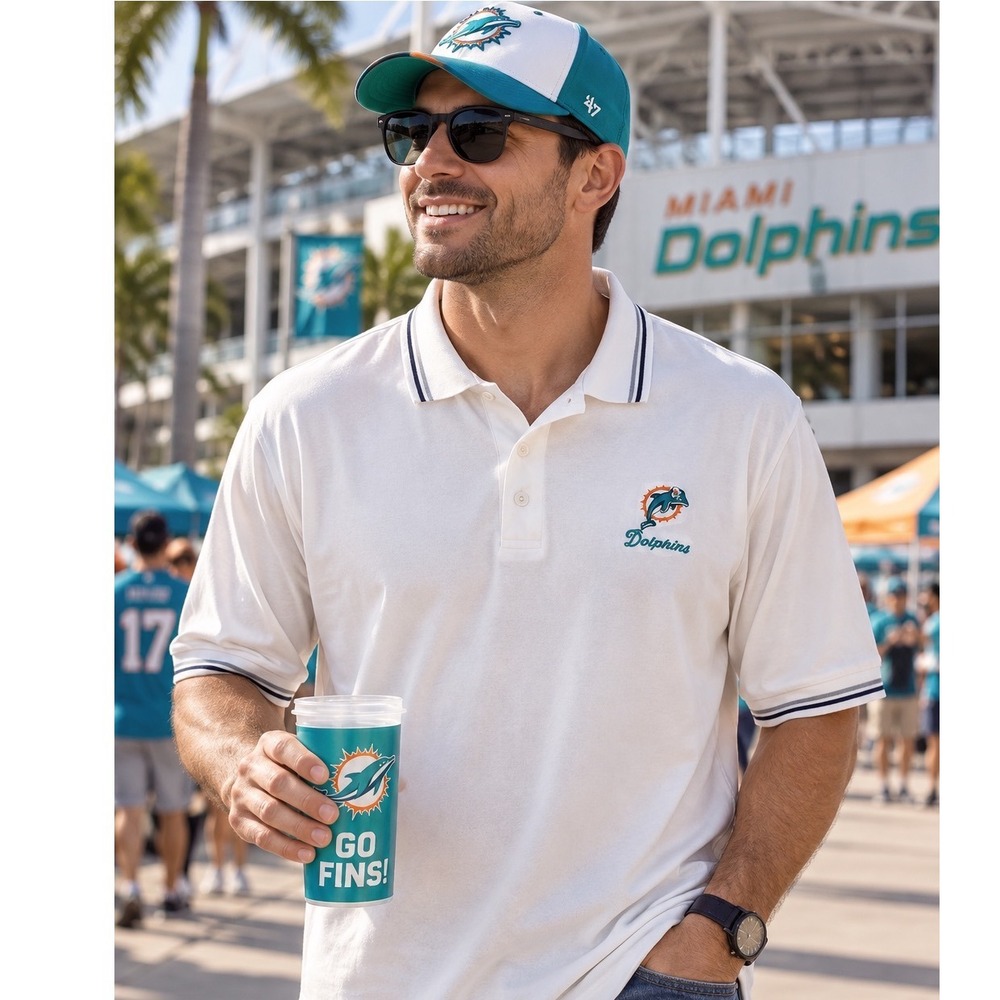 NFL Miami Dolphins Polo Shirt XL White Throwback Logo Gameday Fan Gear Mens